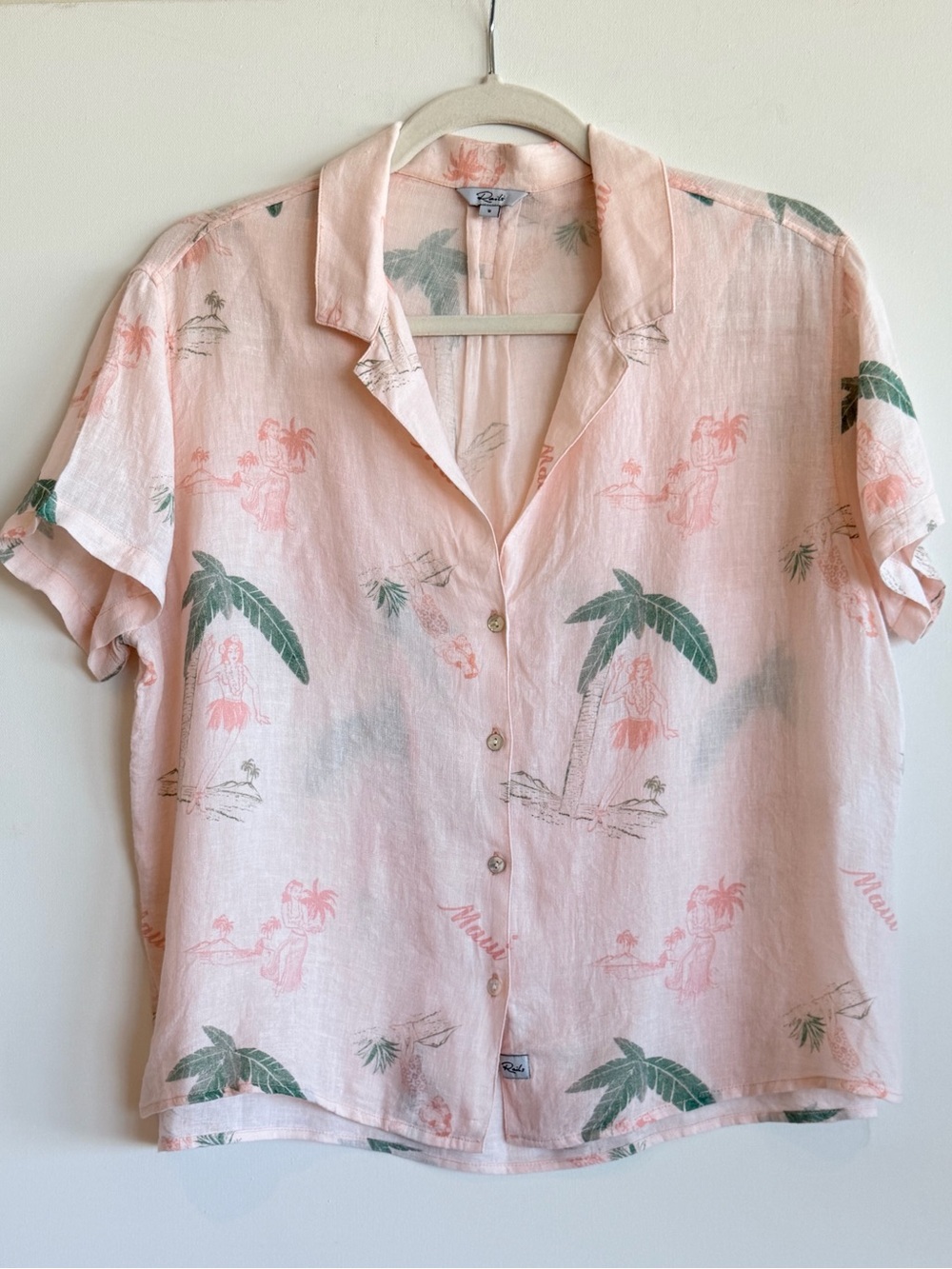 Rails Maui Pink Hawaiian Hula Girl Print Linen Camp Shirt Size S
